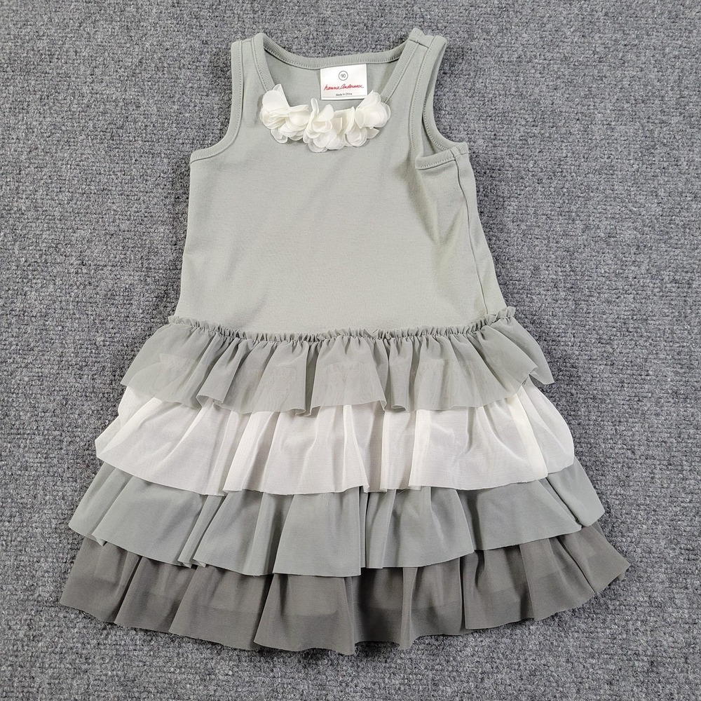 Hanna Andersson Dress Girls 90‎ 3T Gray White Tiered Ruffle Flower Party Spring